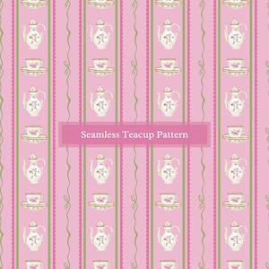 Seamless Pink Teacup Pattern | Scallops, Bows, Tea Kettle, Tea Pot Paper | Digital Paper Pattern for Commercial Use | Custom Crafts, Decor