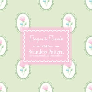 May include: A seamless pattern featuring watercolor floral designs in oval frames on a light green background. Each frame contains a pink and blue flower. A pink rectangle with the text "Elegant Florals" and "Seamless Pattern" is centered.