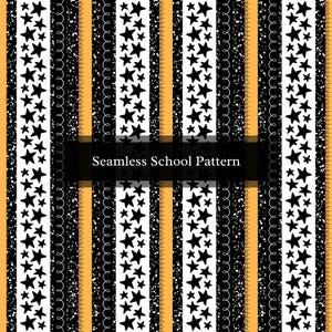 May include: A seamless pattern featuring black stars on a white background, alternating with black and white stripes, yellow stripes with black speckles, and black stripes with white speckles. The text "Seamless School Pattern" is centered at the top of the image.
