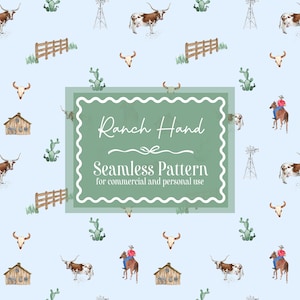 May include: A seamless pattern on a light blue background, featuring watercolour illustrations of ranch elements. The design includes longhorn cattle, cowboys on horses, cacti, wooden fences, windmills, and ranch houses. The text "Ranch Hand Seamless Pattern" is in a green frame.