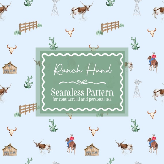 Seamless Ranch Hand Pattern | Cowboy, Farm, Animals, Digital Paper for Commercial Use | Sibling, Brother, Minimal, Blue