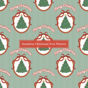 May include: A seamless Christmas tree pattern with green and white stripes. The design features Christmas trees in red oval frames with red ribbons and the text "Merry Christmas".