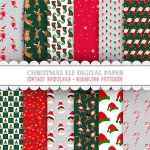 Puede incluir: Un conjunto de 10 papeles digitales con patrones de temática navideña de elfos. Los patrones incluyen elfos, bastones de caramelo, luces y renos. Los papeles son sin costuras y perfectos para manualidades y scrapbooking.