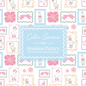 May include: A repeating pattern with cartoon geese, bows, and flowers in pink, peach, and light blue. The design includes the text "Cutie Goosie" and "Seamless Pattern" on a white background, suitable for commercial and personal use.
