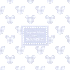 May include: A seamless pattern featuring light blue gingham mouse silhouettes on a white background. The design includes a light blue rectangular label with the text "Gingham Mouse" and "Seamless Pattern".