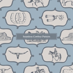 以下が含まれることがあります： 青と白のカラーリングでカウボーイをテーマにしたシームレスなパターン。パターンには、馬、蹄鉄、カウボーイハット、馬に乗ったカウボーイ、拍車、納屋が含まれています。