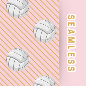 May include: A seamless pattern featuring white volleyballs on a pink background with gold diagonal stripes. The word "SEAMLESS" is written in gold letters on a pink background.