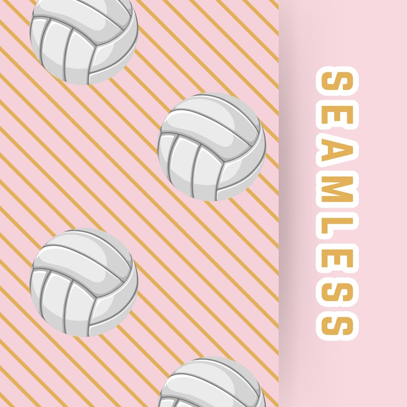 May include: A seamless pattern featuring white volleyballs on a pink background with gold diagonal stripes. The word "SEAMLESS" is written in gold letters on a pink background.