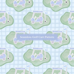 Naadloos aquarel golfkarpatroon | Lichtblauwe golfbaan, golfer, club digitaal papier, ontwerp | Grote millennial