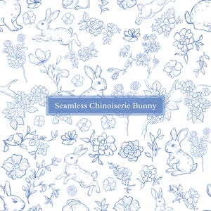 Nahtloses Chinoiserie-Häschen-Kaninchen-Muster | Blau und Weiß Osterhase Digitales Papier für Custom Crafts, Scrapbooking | Hintergründe
