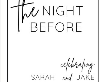 May include: A minimalist black and white wedding sign with the text "WELCOME TO the NIGHT BEFORE celebrating SARAH and JAKE JUNE 01, 2024". The sign is rectangular with a thin black border.
