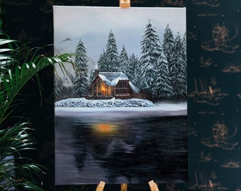 Pittura acrilica originale della cabina invernale, opera d'arte della scena della neve invernale, arte della parete della tela della foresta, grande immagine dipinta a mano dal tono grigio, formato A1