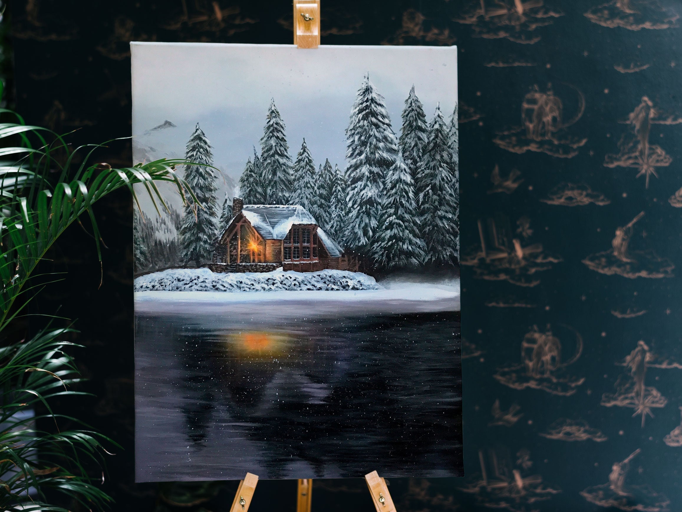 Original Winter Cabin Acrylic Painting, Winter Snow Scene Artwork