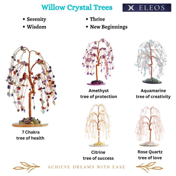 Crystal Willow Trees  | Seven Chakra, Amethyst, Aquamarine, Citrine, Rose Quartz Tree (8.5") | Holiday Gifts for Women, Girls, Artists