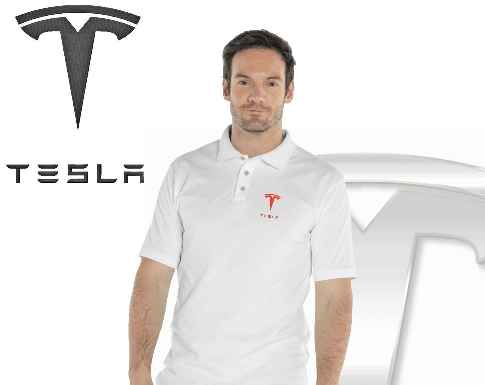 Tesla Logo Polo Embroidery Shirt Electric Men Fitted Solid Colors Cotton