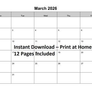 5-Tage-Kalender, druckbarer Kalender, Herunterladbarer Kalender, Kalender 2026, Minimalistischer Kalender, Basic 12-Monatskalender, 5-Tage-Kalender