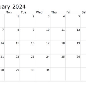 May include: A calendar for January 2024, with a grid layout showing the days of the week and dates. The month's name and year are at the top. The calendar is in black and white.