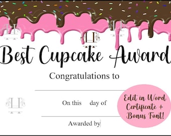 Certificate, Best Cupcake Certificate, Best Cupcake Award, Award for Best Cupcake, Cake Decorating Certificate, Sweet Contest + Bonus Font!