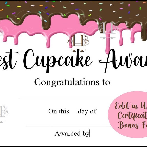 Certificate, Best Cupcake Certificate, Best Cupcake Award, Award for Best Cupcake, Cake Decorating Certificate, Sweet Contest + Bonus Font!