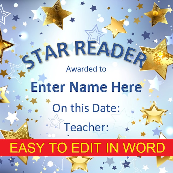 Certificate, Award, Reading Award, Student Award, Easy to Edit, Star Reader Certificate, School Certificate, Certificate of Completion