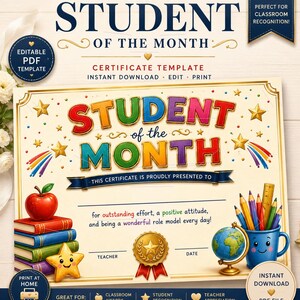 Pode incluir: Um modelo de certificado Student of the Month editável com texto colorido, uma pilha de livros, uma estrela sorridente, um globo e um porta-lápis. O documento inclui linhas para nome, professor e data, com detalhes em estrela e fita dourada.