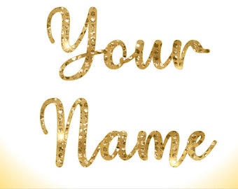 May include: Gold glitter text on a white background. The words "Your Name" are written in a cursive font. The letters are filled with gold glitter, creating a sparkling effect. The background has a gradient of white to yellow.