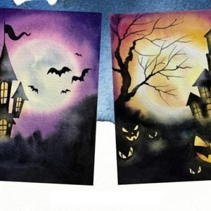May include: Two watercolor paintings depicting Halloween scenes. The first painting shows a dark silhouette of a haunted house with a full moon and bats in the background. The second painting shows a dark silhouette of a tree with a full moon and jack-o-lanterns in the background.