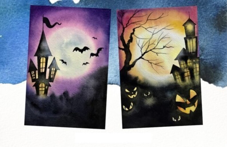 May include: Two watercolor paintings depicting Halloween scenes. The first painting shows a dark silhouette of a haunted house with a full moon and bats in the background. The second painting shows a dark silhouette of a tree with a full moon and jack-o-lanterns in the background.