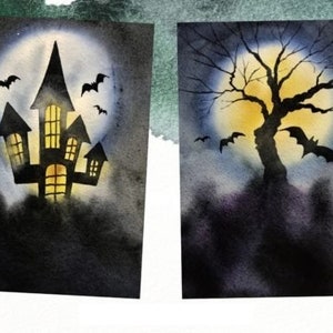 May include: Two watercolor paintings depicting Halloween scenes. The first painting shows a dark silhouette of a haunted house with glowing windows against a backdrop of a full moon and bats. The second painting features a bare, silhouetted tree with a full moon behind it, also with bats flying around.