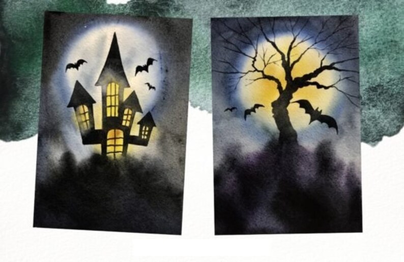 May include: Two watercolor paintings depicting Halloween scenes. The first painting shows a dark silhouette of a haunted house with glowing windows against a backdrop of a full moon and bats. The second painting features a bare, silhouetted tree with a full moon behind it, also with bats flying around.