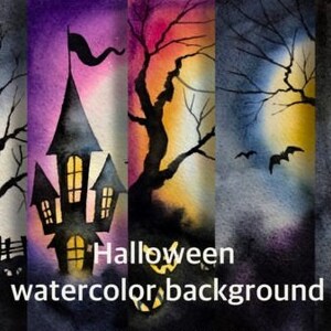 May include: Five watercolor paintings with a Halloween theme. The paintings feature a haunted house, a spooky tree, a full moon, and bats. The text "Halloween watercolor background" is at the bottom of the image.