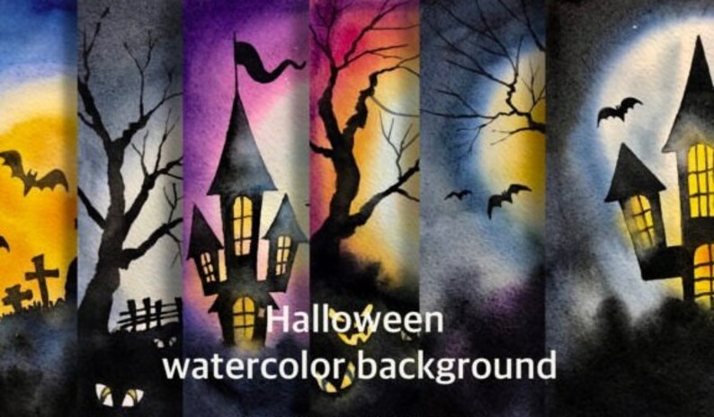May include: Five watercolor paintings with a Halloween theme. The paintings feature a haunted house, a spooky tree, a full moon, and bats. The text "Halloween watercolor background" is at the bottom of the image.