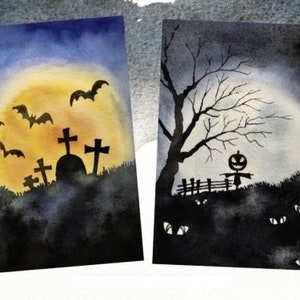 May include: Two watercolor paintings with a Halloween theme. The first painting depicts a graveyard with three crosses and a tombstone under a full moon. The second painting shows a scarecrow with a jack-o-lantern head standing in front of a fence with a tree behind it.  There are several pairs of eyes in the foreground.
