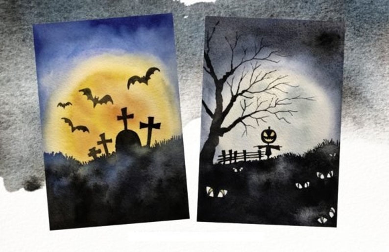 May include: Two watercolor paintings with a Halloween theme. The first painting depicts a graveyard with three crosses and a tombstone under a full moon. The second painting shows a scarecrow with a jack-o-lantern head standing in front of a fence with a tree behind it.  There are several pairs of eyes in the foreground.
