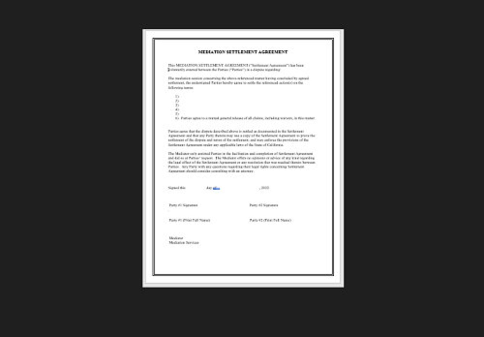 Mediation Settlement Agreement, Mediation Agreement Template, Mediation