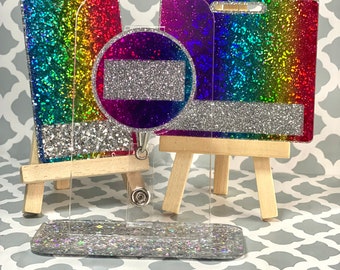 Regenbogen-Leopard-Holographic-Print-Abzeichenrolle und Badge-Buddy-Set, individueller Badge-Buddy und Abzeichenrolle