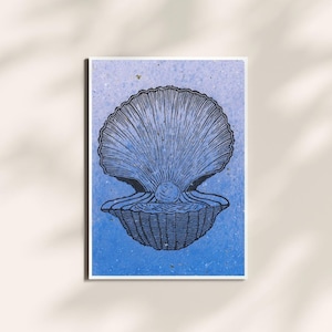 Linocut seashell print on handmade, recycled plant-based paper, locally sourced