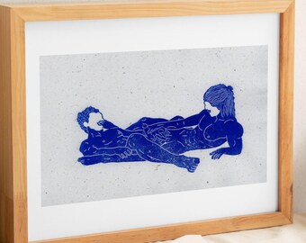 Linocut queer lovers print handmade paper