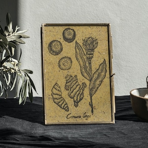 Linogravure curcuma impression papier artisanal végétal recyclé fait main local