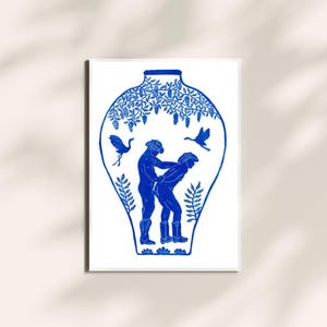 Linocut print of a porcelain vase with local cowboys