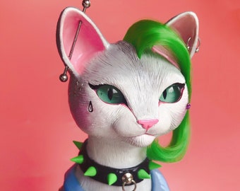 Green Punk Rocker tattoed Cat sculpture -  ooak polymer clay sculpture