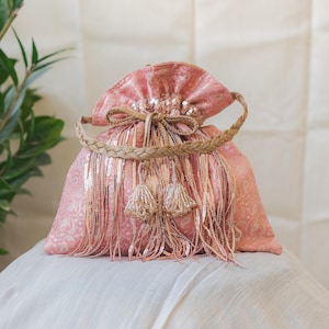 Rose Gold Sequins Potli With Glass Tassels, Bridal Embroidered Designer Potli Bag, Wedding Bag For Women, Return Gifts,