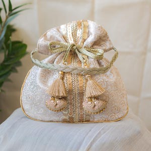 White & Golden Banarasi Potli, Bridal Embroidered Designer Potli Bag, Wedding Bag For Women, Return Gifts,