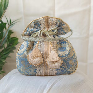 Grey & Golden Banarasi Potli With Broad Lace, Bridal Embroidered Designer Potli Bag, Wedding Bag For Women, Return Gifts,