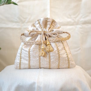 White & Golden Lace Potli With Glass Tassels, Bridal Embroidered Designer Potli Bag, Wedding Bag For Women, Return Gifts,