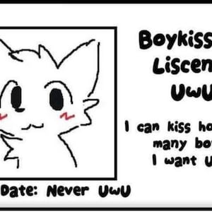 May include: A rectangular white card with black borders featuring a line drawing of a cat-like creature with blushing cheeks. The text reads: Boykisser Liscense UwU, I can kiss however many boys I want UwU, and EXP Date: Never UwU in black font.