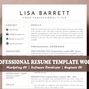 May include: A Word document resume template featuring "Lisa Barrett" at the top. The resume template includes sections for contact details, profile, professional experience, education, and skills. Keywords: Marketing CV, Software Developer, Engineer CV.