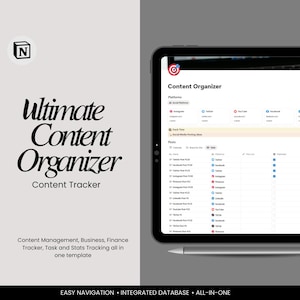 May include: A digital tablet displaying a content organizer template. The screen shows a detailed layout for tracking social media posts, with sections for platforms, track time, and post ideas. The text "Ultimate Content Organizer" is displayed in large, elegant font.