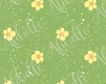 May include: A seamless pattern featuring yellow daisies on a green background with a glittery texture.