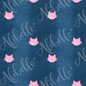 Könnte beinhalten: Ein nahtloses Muster mit pinkfarbenen Glitzer-Katzenköpfen auf einem blauen Jeans-Hintergrund.
